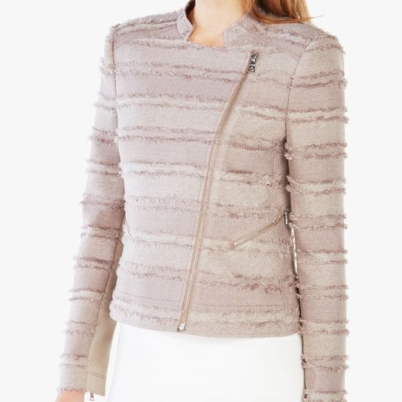 BCBG Maxazria Jaison Tan Striped Fringe Moto Jacket XS - Picture 5 of 9